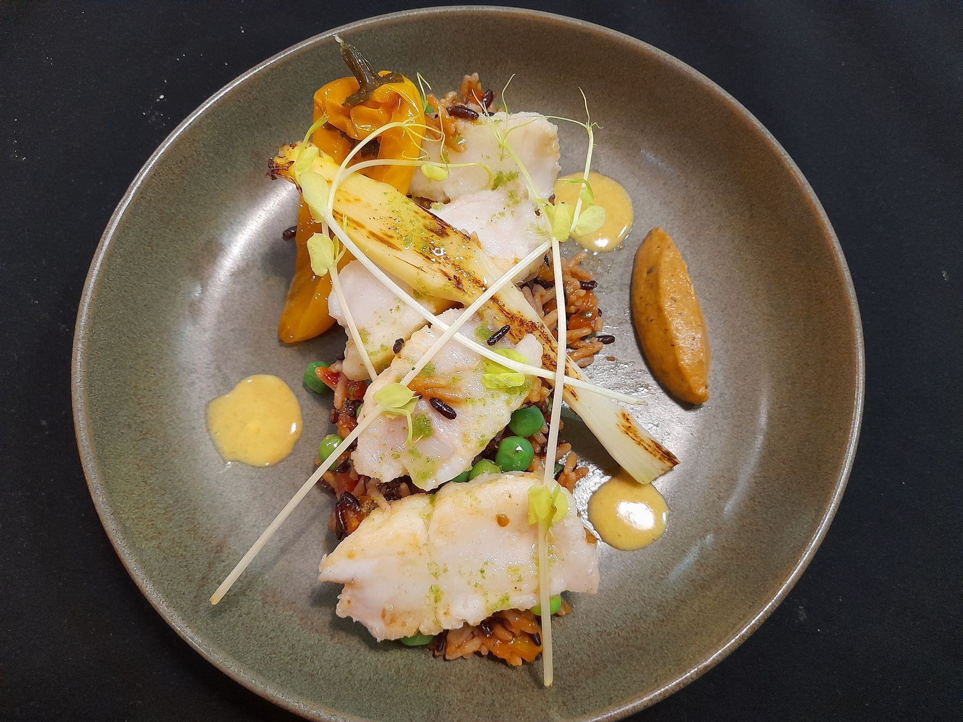 Plat de poisson gastronomique servi avec sauce, légumes et jeunes pousses sur une assiette foncée.