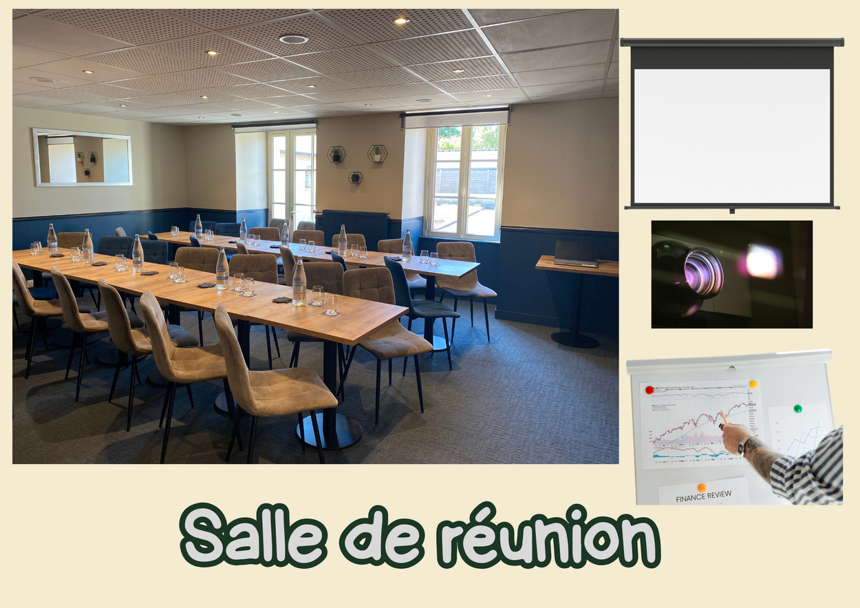 Salle de réunion avec tables et chaises, grand écran de projection et visuels de présentation.
