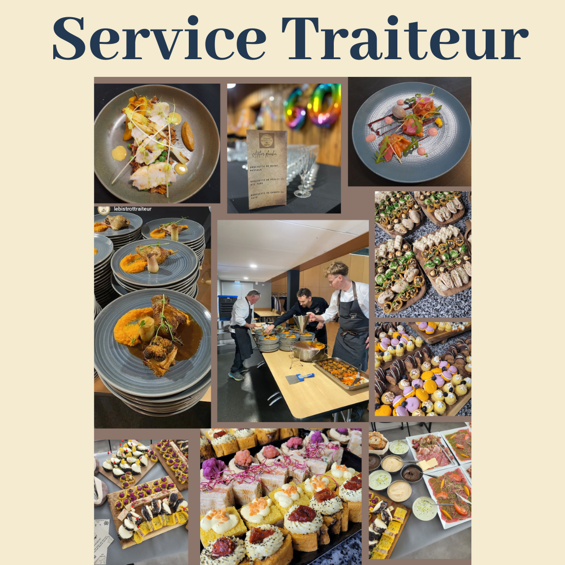 Collage de photos de plats à l'assiette, d'entrées, de desserts et de chefs préparant les repas.
