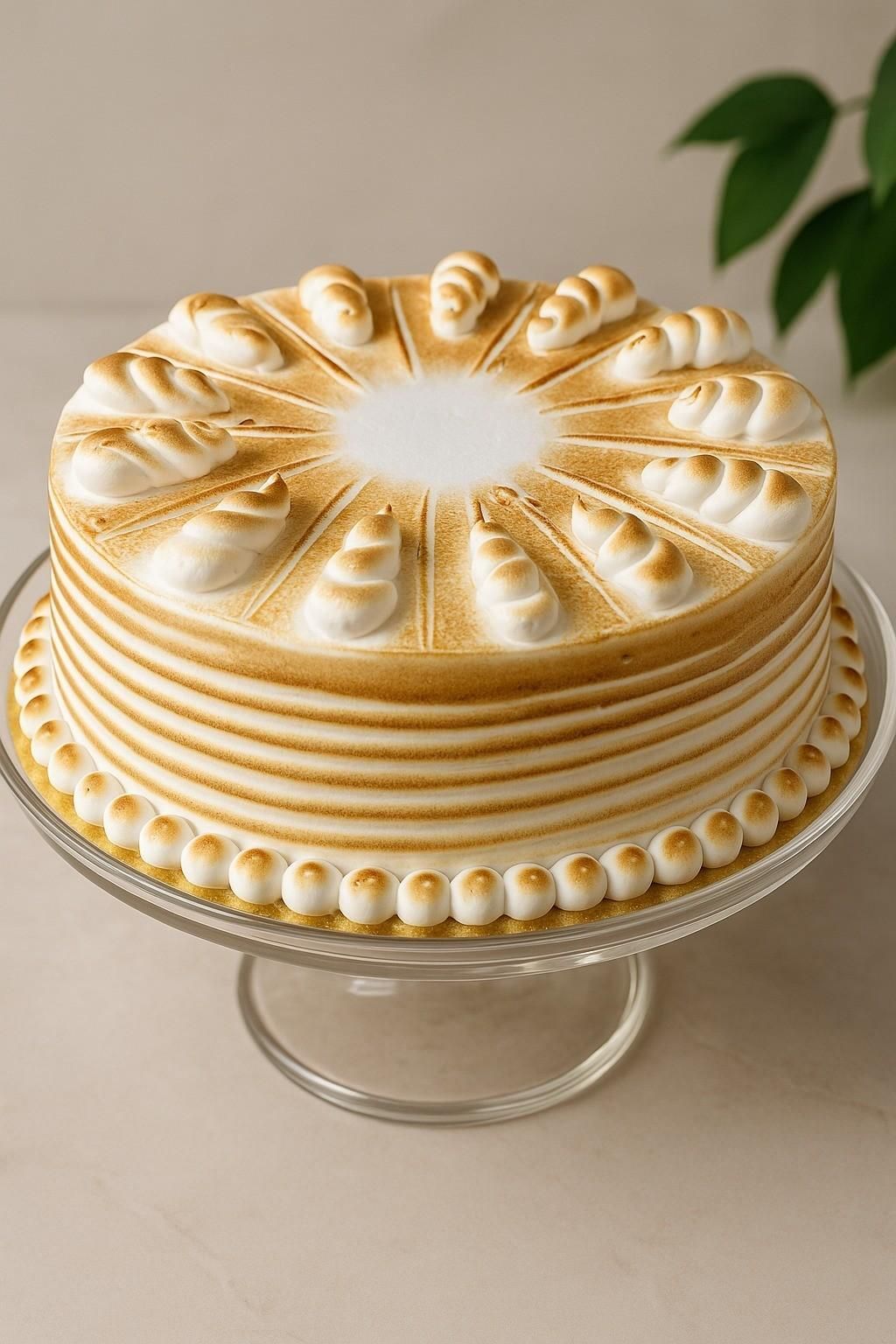 Pastel con glaseado blanco y merengue flameado sobre base de vidrio, fondo claro.