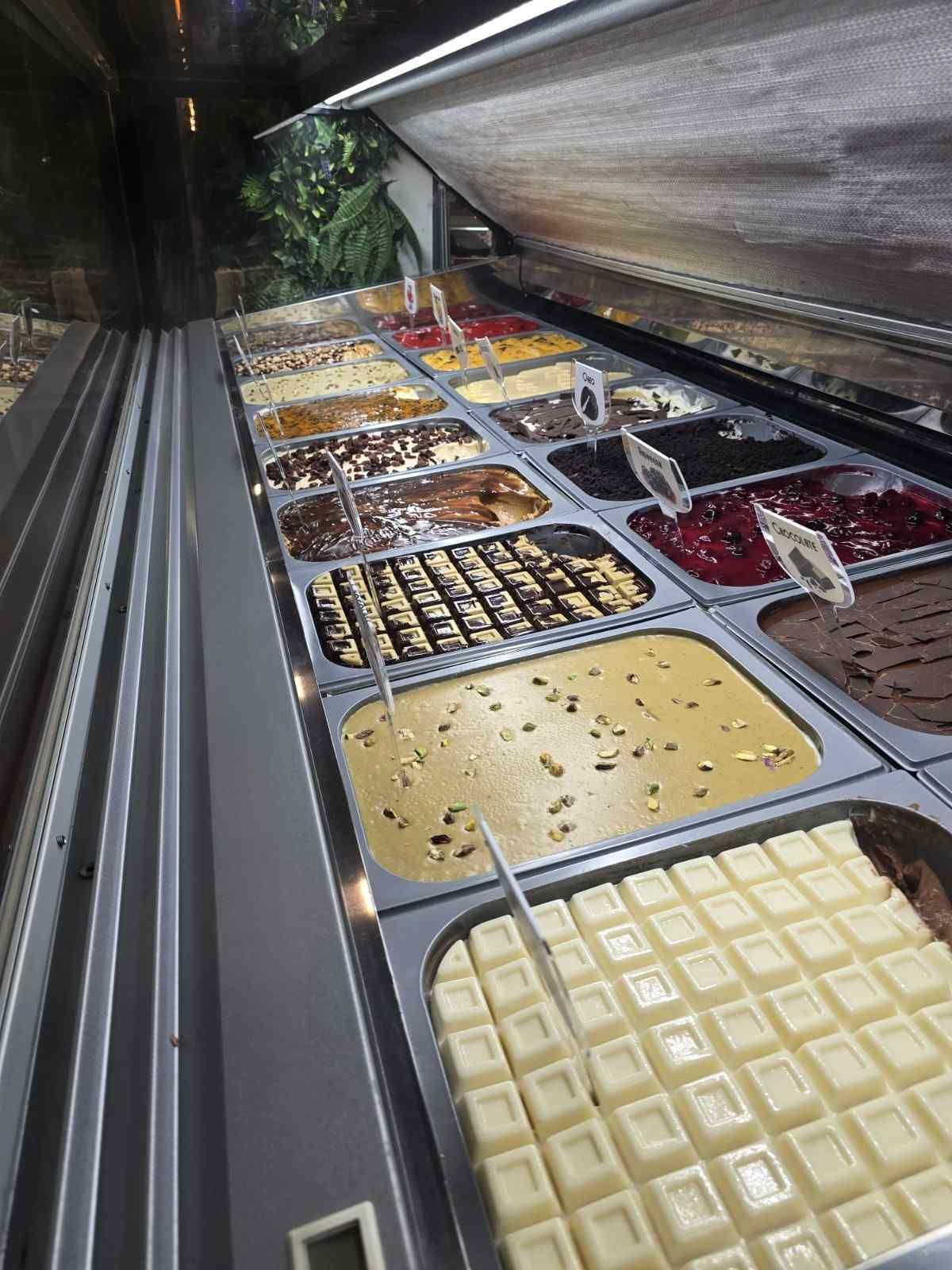Vitrina de helados con diversos sabores coloridos, bajo un toldo sombreado.