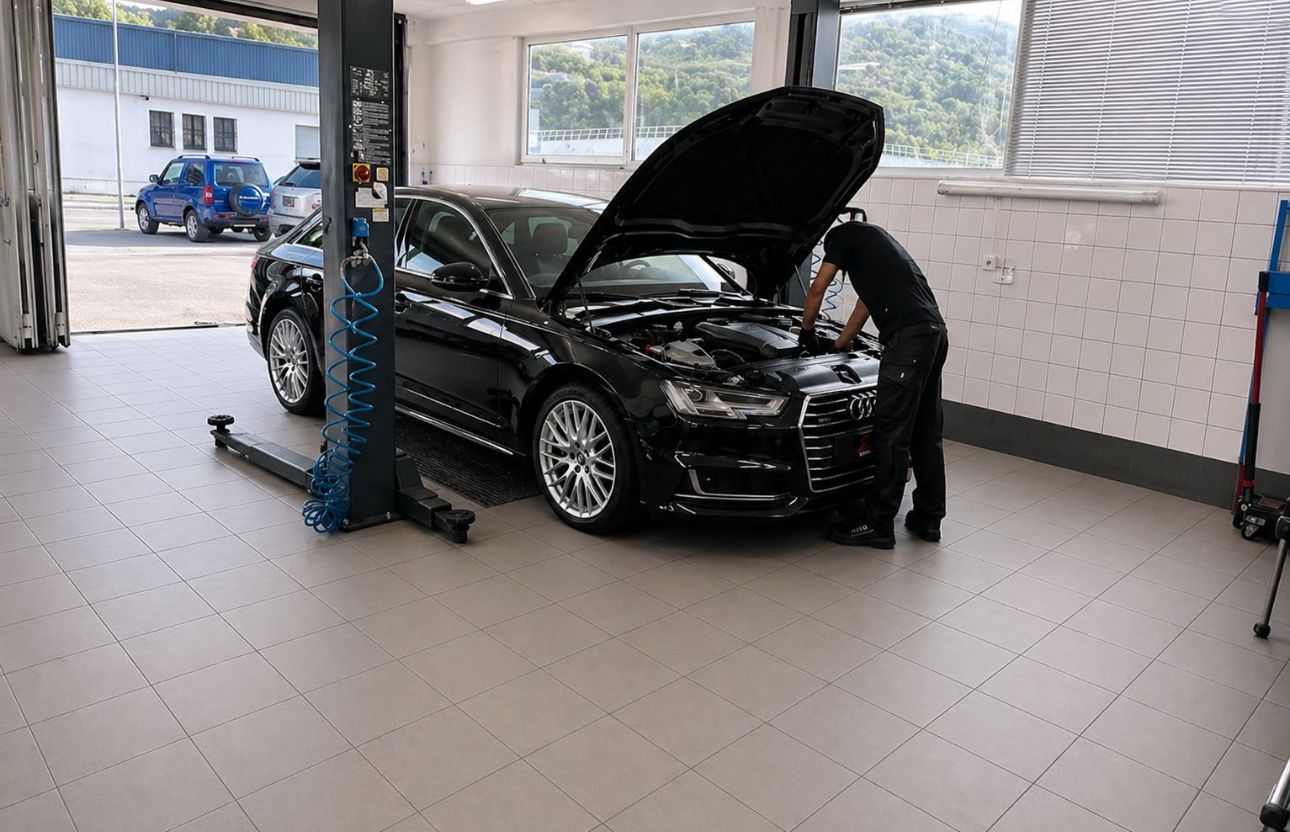 Voiture noire dans un garage, capot ouvert, une personne inspecte le moteur.