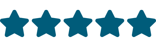 Cinco estrellas verde azulado rellenas en fila.