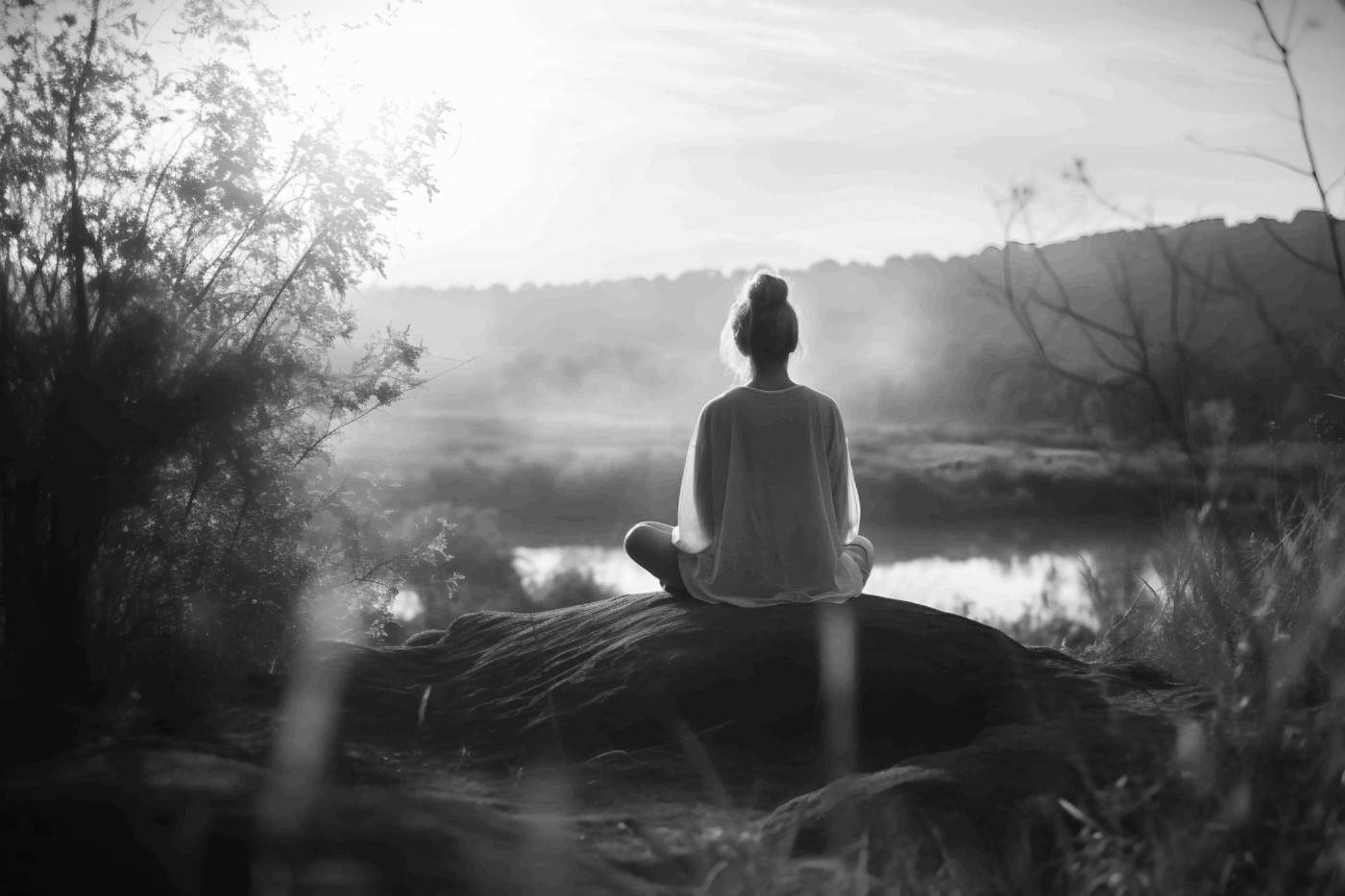 Persona en pose de meditación sobre una roca junto a un lago brumoso al amanecer.