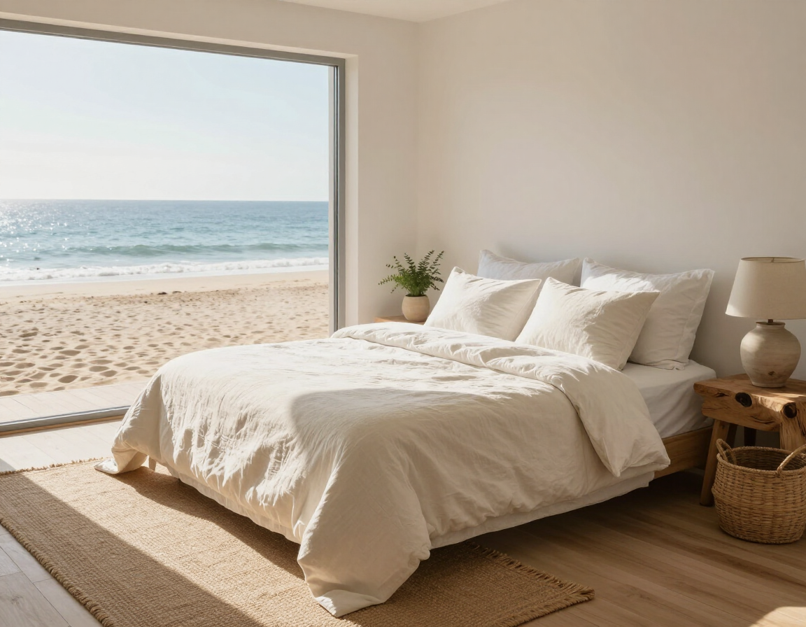 Coastal bedroom with linen bedding and soft morning light