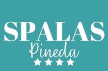 Logotipo para Spalas Pineda, un resort con fondo verde azulado, texto blanco y cuatro estrellas blancas.