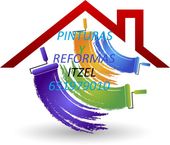 Logotipo de "Pinturas y Reformas Itzel" con rodillos de pintura y el contorno de una casa. Incluye un n&uacute;mero de tel&eacute;fono.