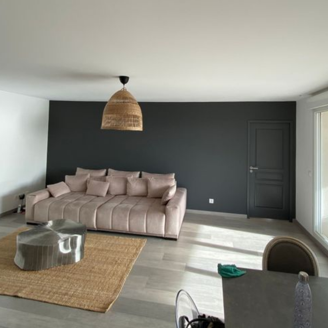 Un salon moderne avec un mur d'accent couleur anthracite, un canapé rose clair, un tapis texturé et une grande suspension lumineuse tissée.