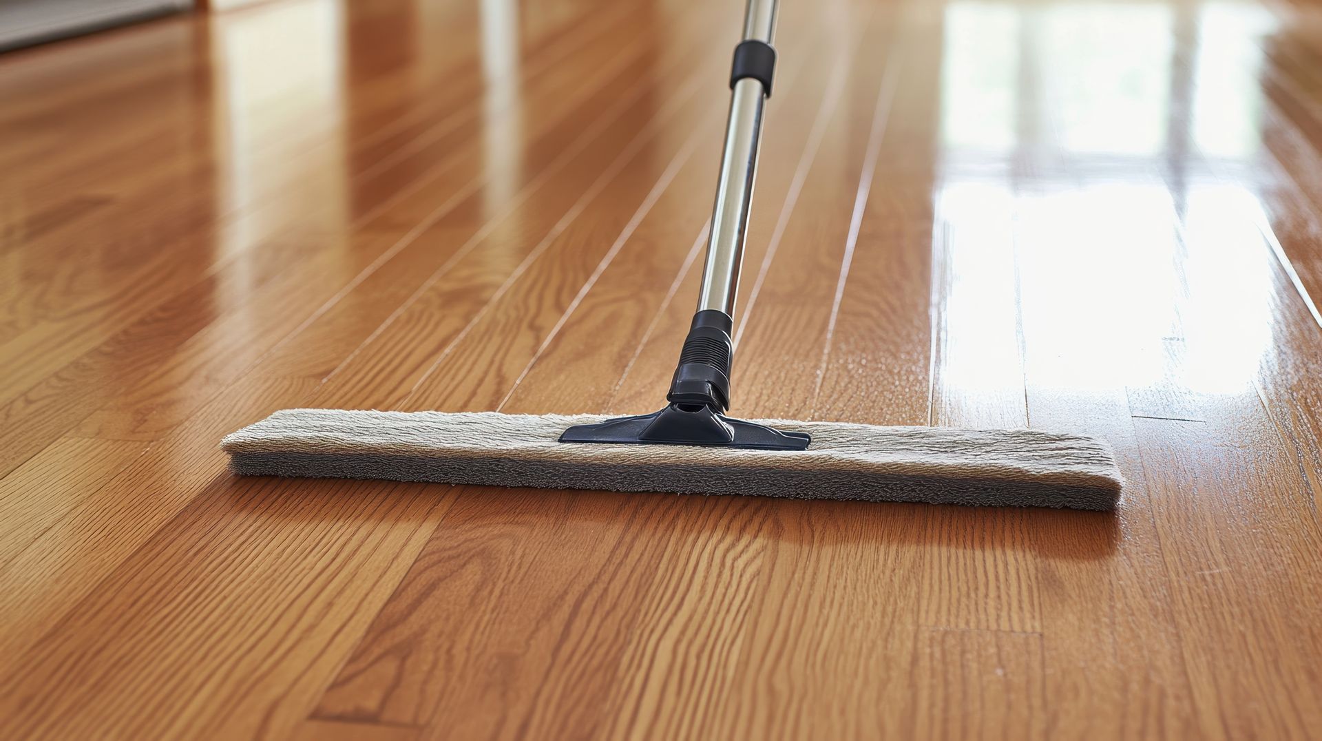 Mit einem Mopp wird ein Holzboden gereinigt.