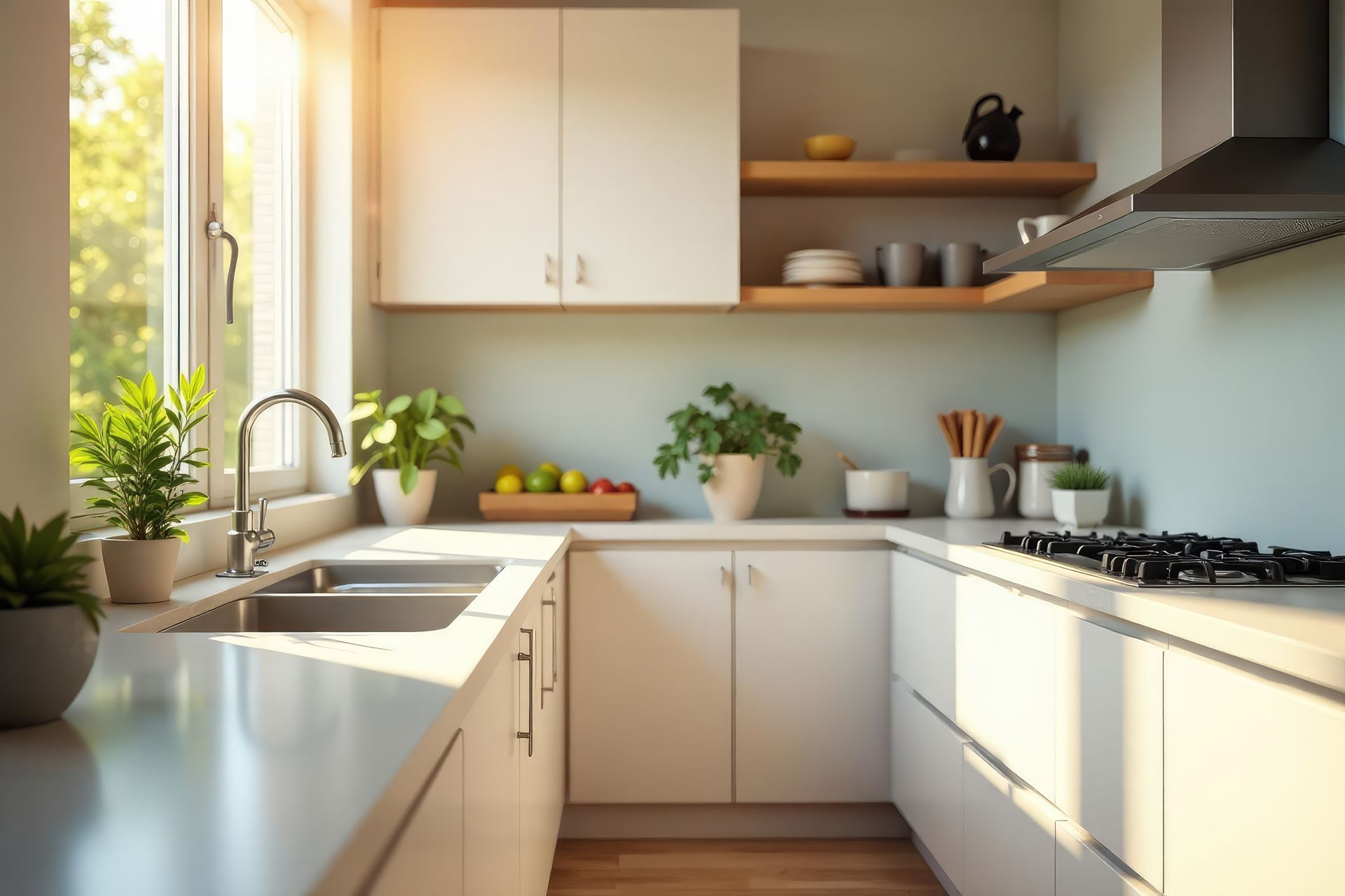 Eine Küche mit zwei Spülbecken, einem Herd und einem Fenster.