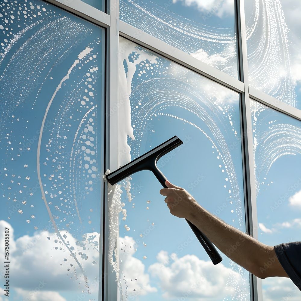 Eine Person putzt ein Fenster mit einem Abzieher