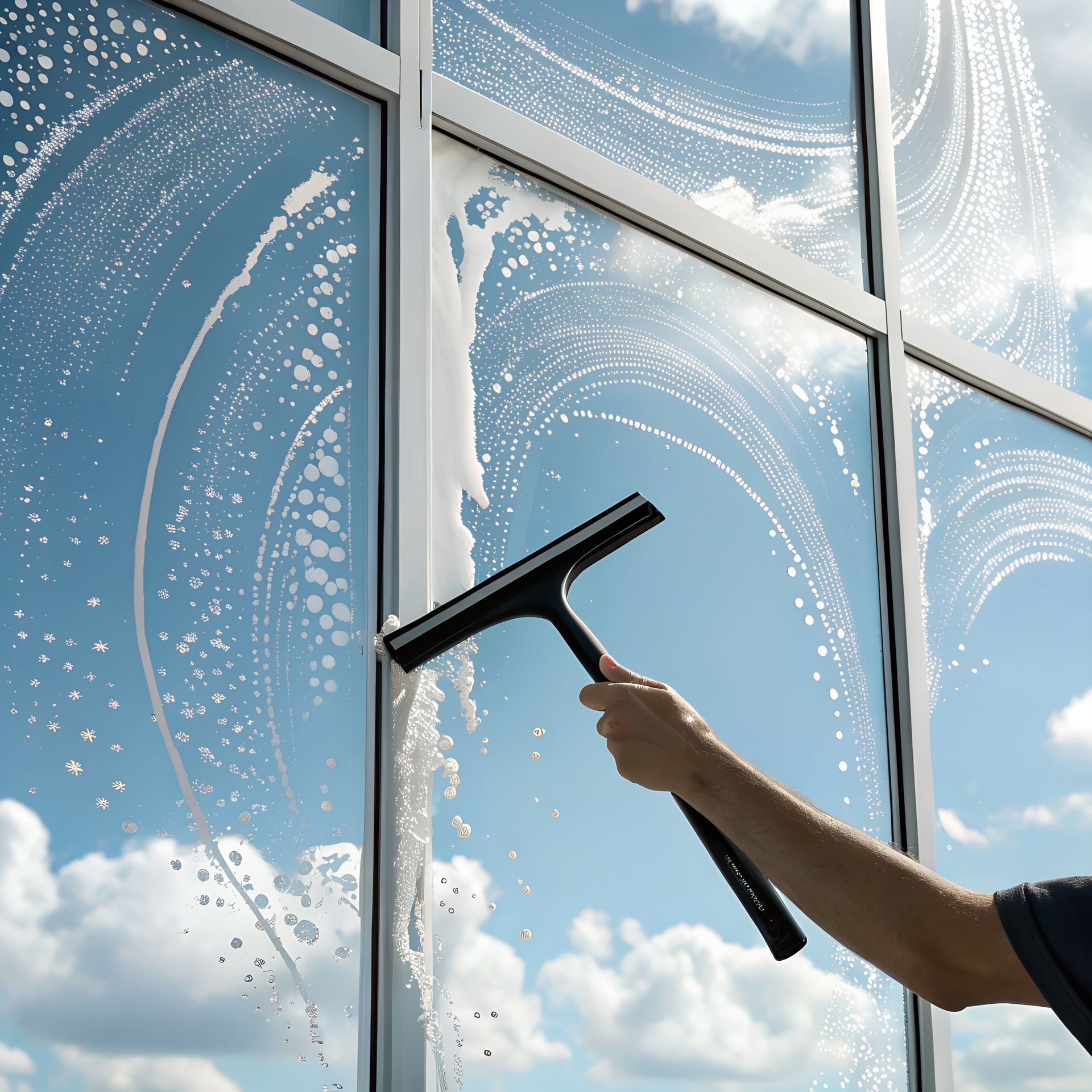 Eine Person putzt ein Fenster mit einem Abzieher