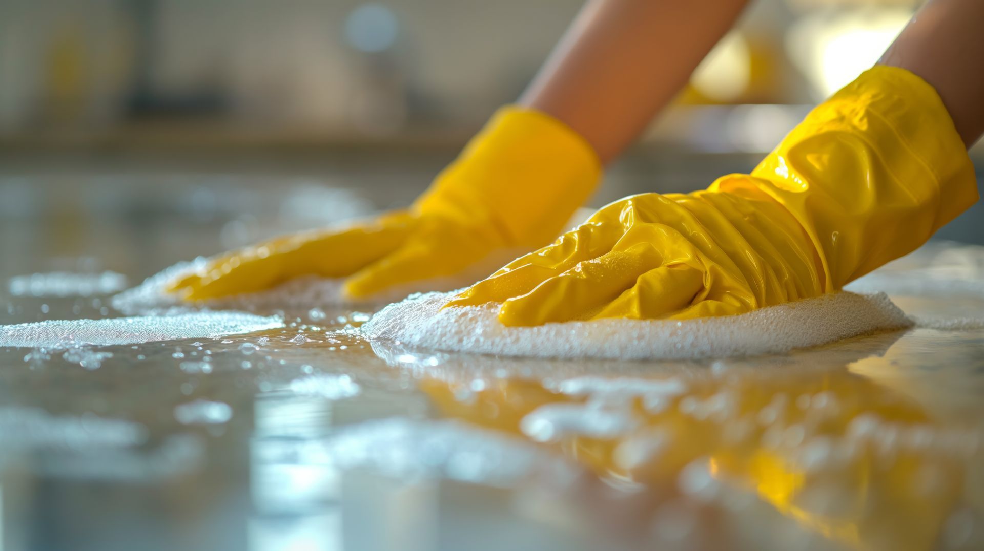 Eine Person mit gelben Handschuhen reinigt den Boden mit einem Schwamm.
