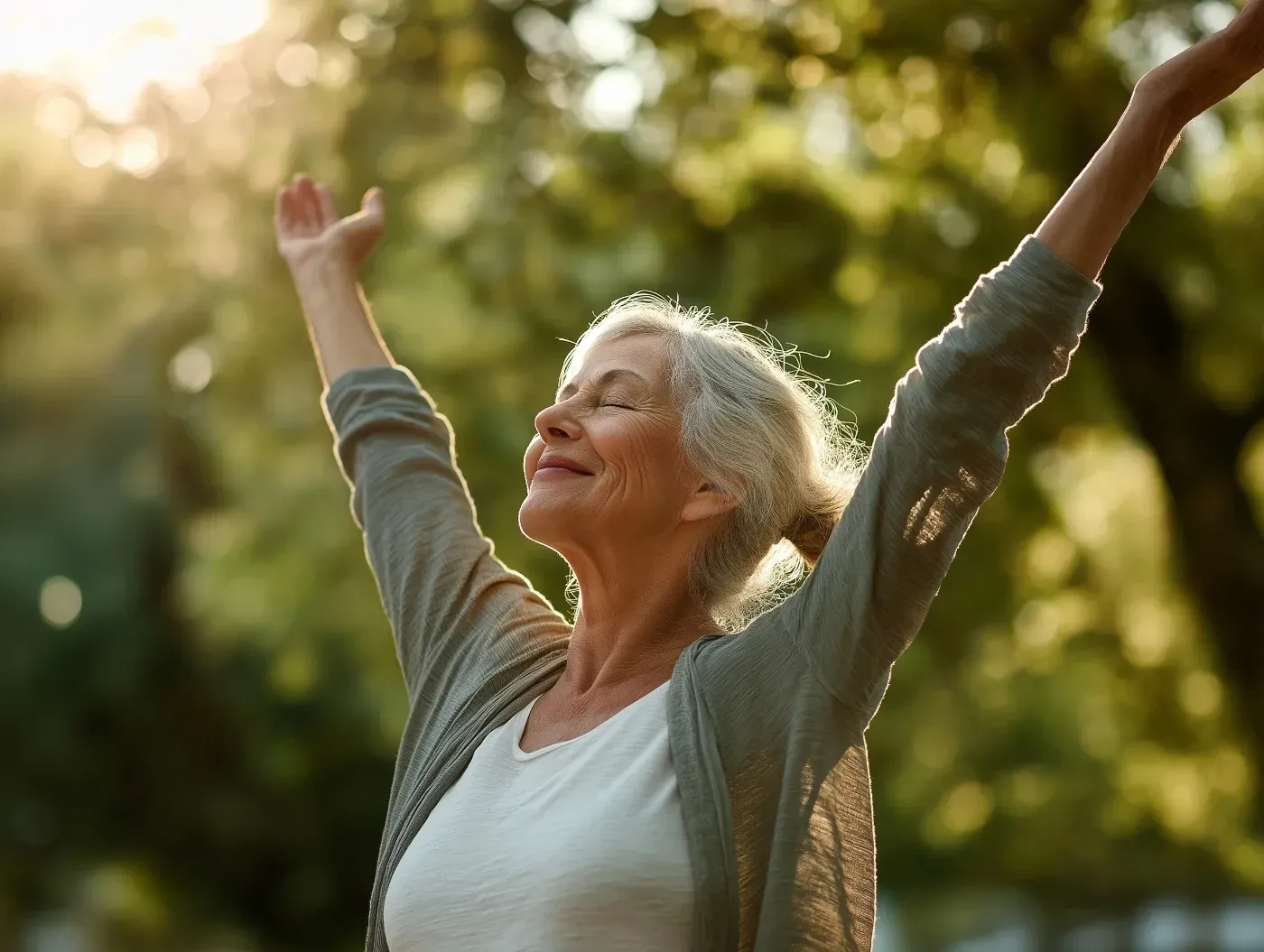 Eine ältere Frau steht mit ausgestreckten Armen in einem Park.