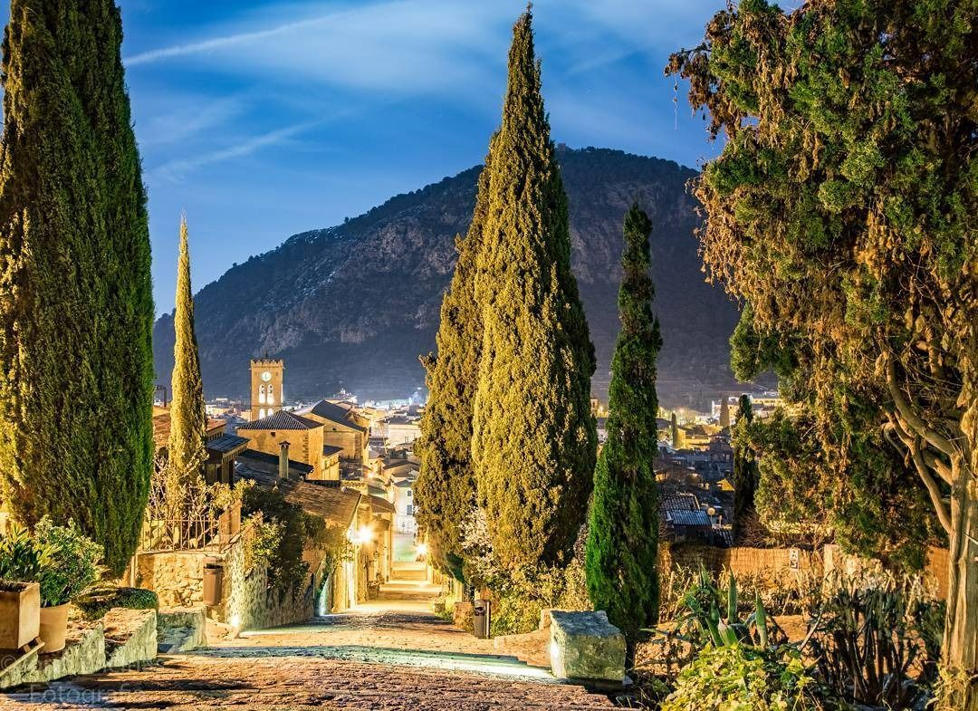 Un camino rodeado de árboles que conduce a una ciudad de noche con una montaña al fondo.