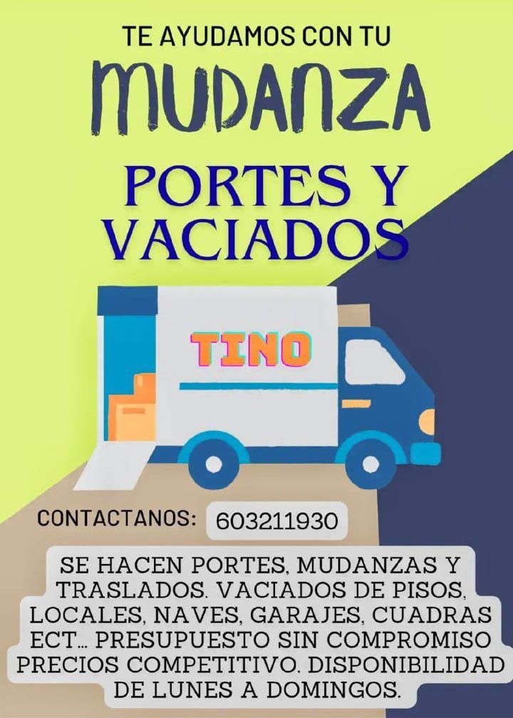 Anuncio de mudanzas con camión azul. Incluye número de teléfono y los servicios que ofrece.