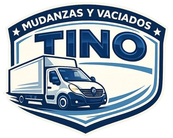 Logotipo de "Mudanzas y Vaciados Tino", que presenta un cami&oacute;n de mudanzas azul y blanco dentro de un escudo azul con texto.