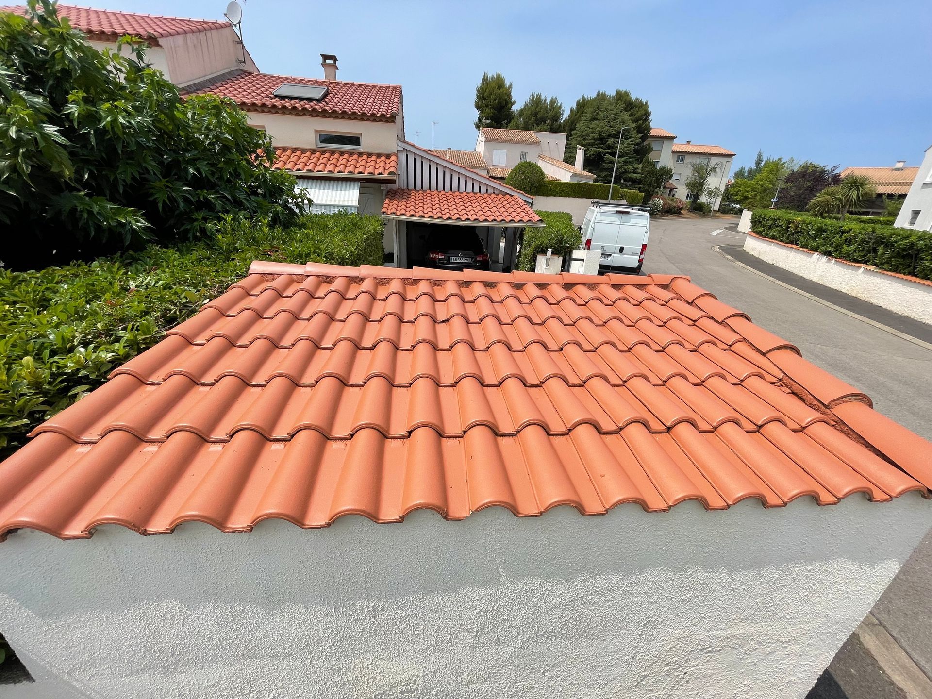 Toiture en tuiles après le démoussage, la nettoyage et la peinture