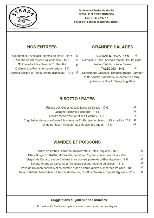 La Carte De Notre Restaurant Italien Au Plessis Robinson