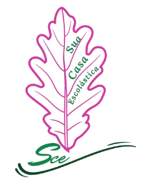 Logotipo: hoja rosa con el texto "Sua Casa Escolástica". "Sce" verde debajo con un swoosh.