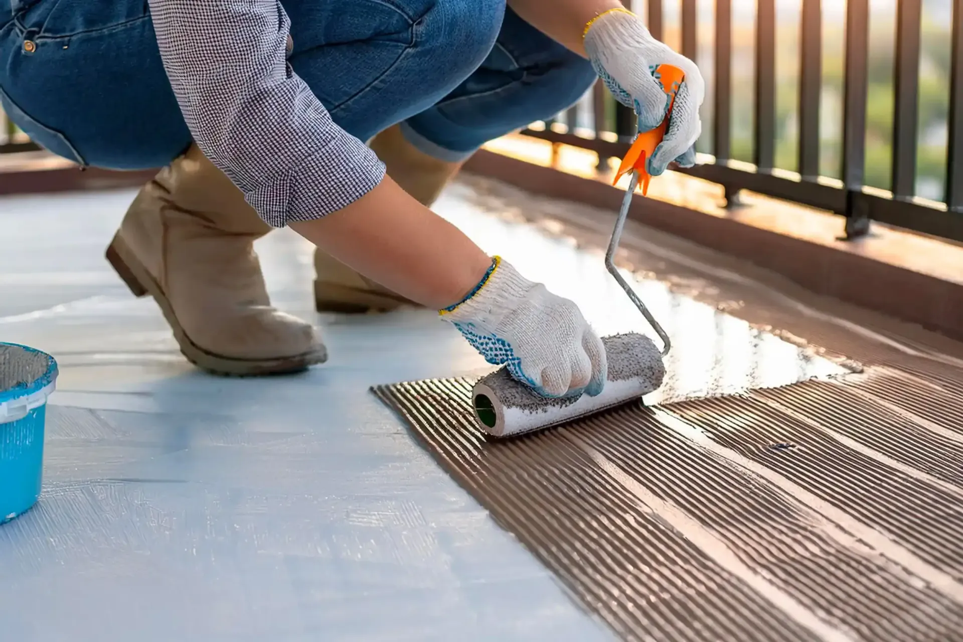 Una persona con guantes y botas utiliza un rodillo para aplicar adhesivo a una alfombra texturizada en el piso de un balcón.