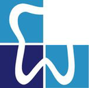 Ein blau-weißes Logo mit einem Zahn darauf.