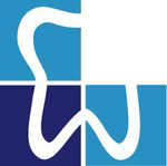 Ein blau-weißes Logo mit einem Zahn darauf.