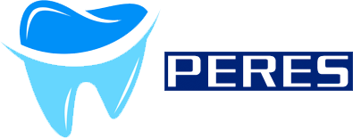 Logotipo da Peres, uma clínica odontológica. Um dente estilizado em azul com a palavra "PERES" dentro de um retângulo azul.