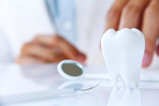 Modelo de dente branco com instrumentos odontológicos e a mão de uma pessoa ao fundo.