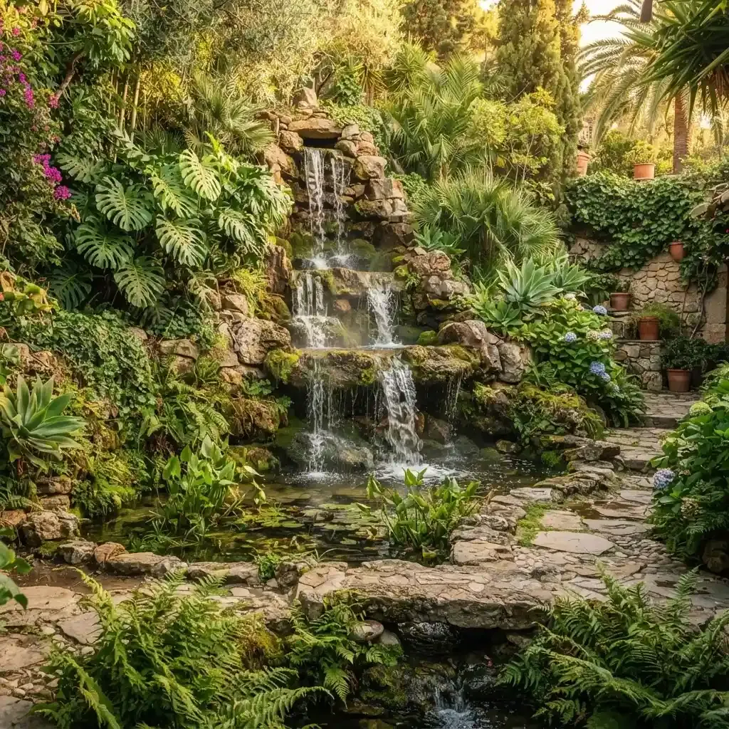 Una exuberante cascada de jardín cae sobre rocas en un pequeño estanque, rodeado de densa vegetación y escalones de piedra.