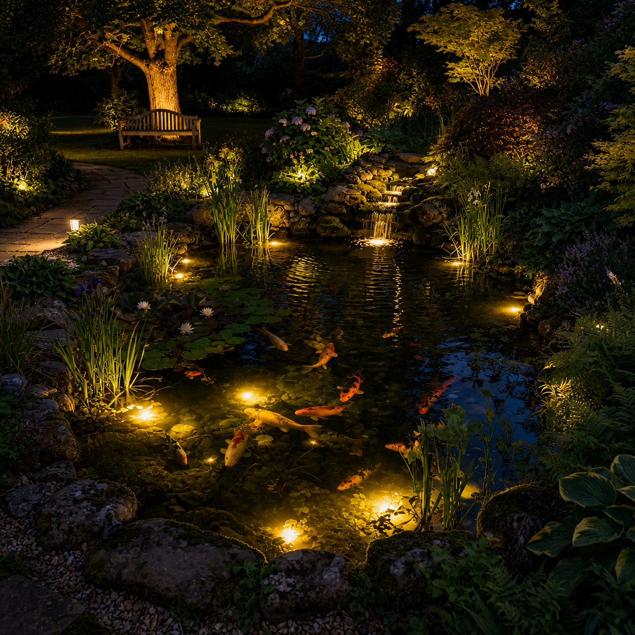 Estanque de jardín iluminado por la noche con peces koi, rocas y plantas exuberantes bajo luces cálidas.