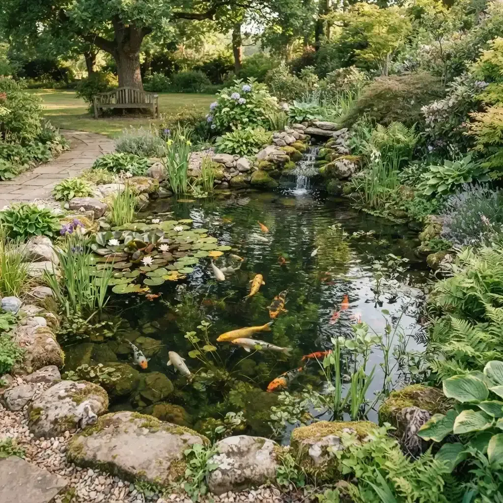 Estanque de jardín con nenúfares, carpas koi naranjas y flores exuberantes junto a un sendero de piedra.