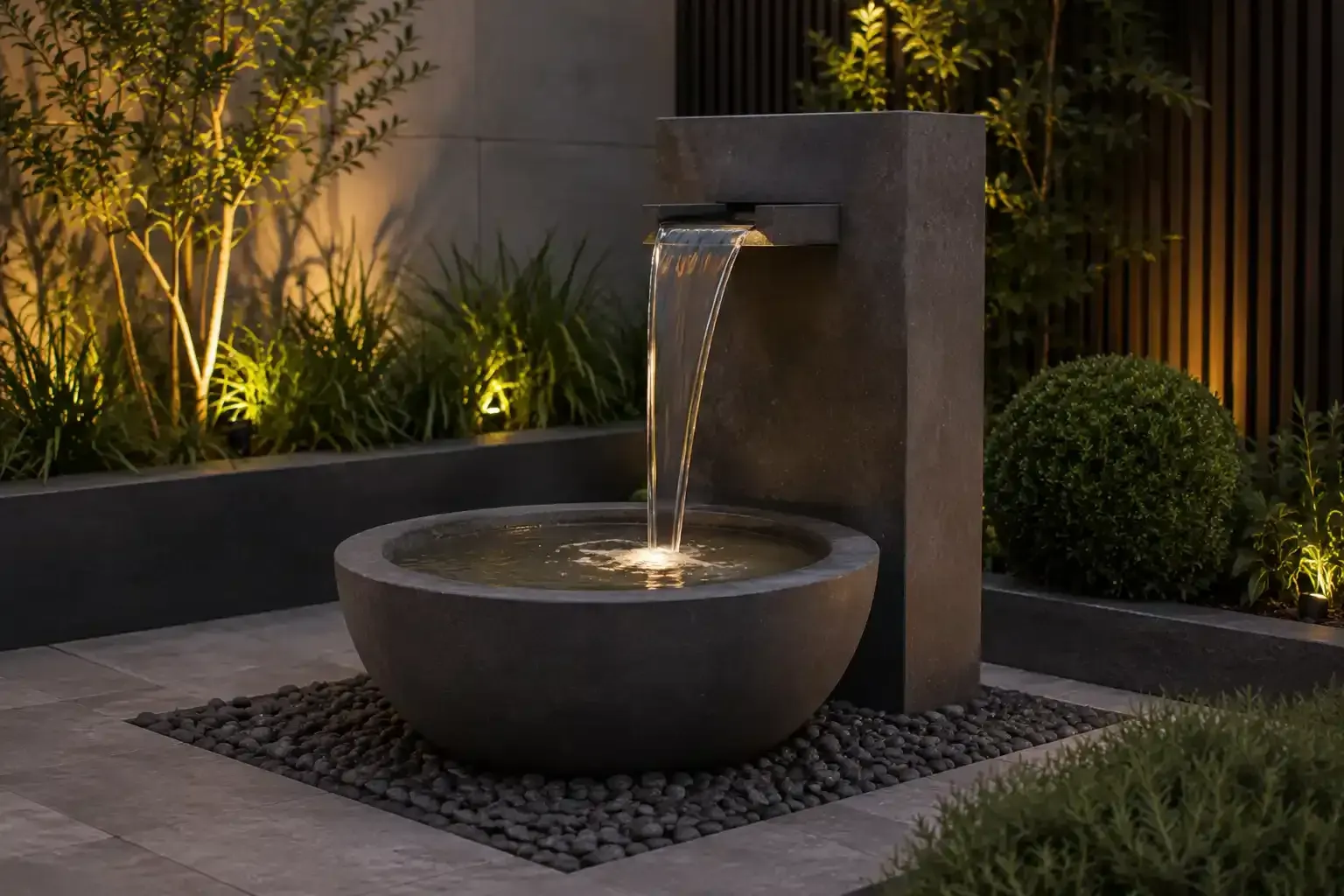 Moderna fuente de jardín con agua que fluye hacia una pila redonda de piedra al anochecer.
