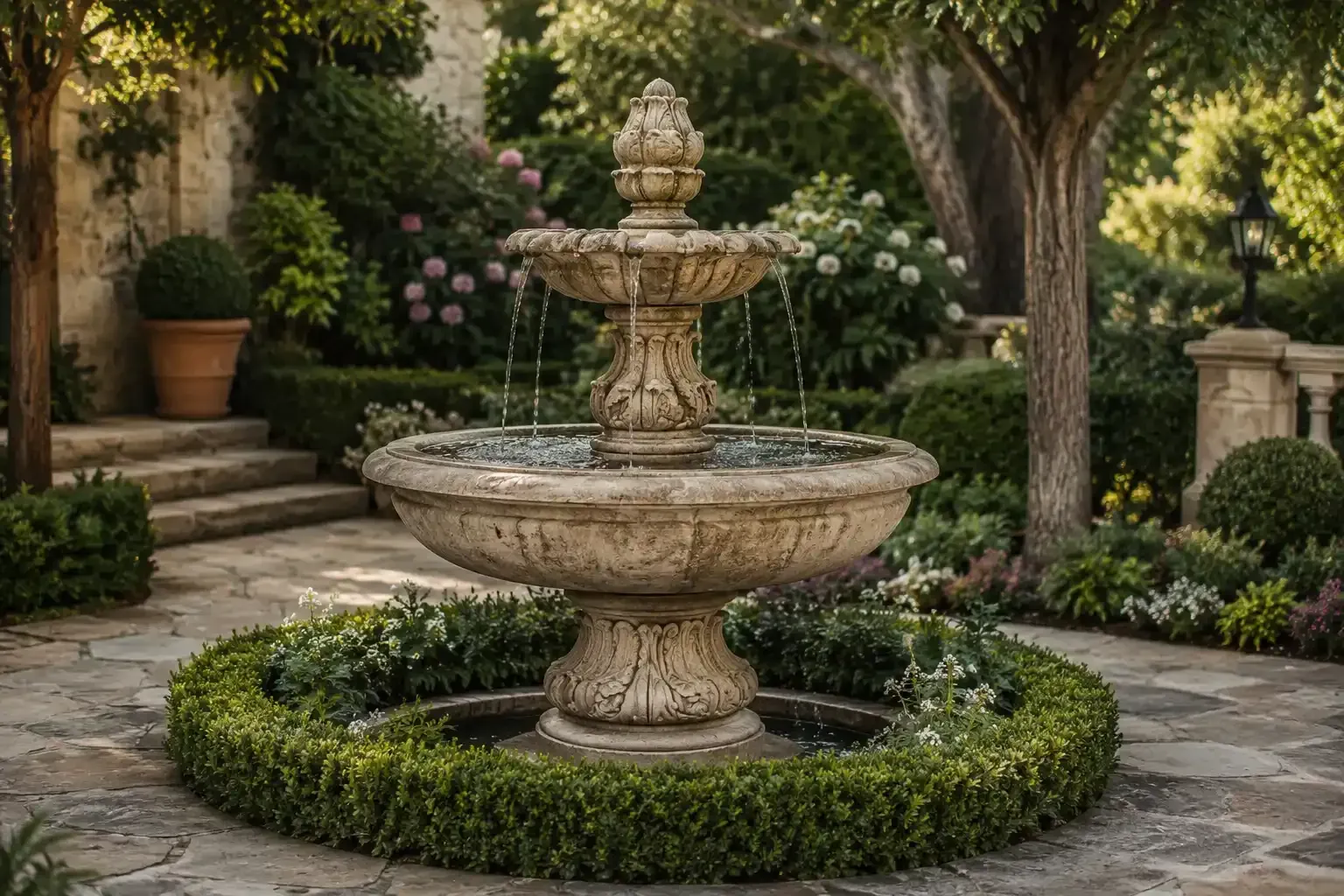 Fuente de piedra en un patio exuberante, rodeada de flores y árboles.