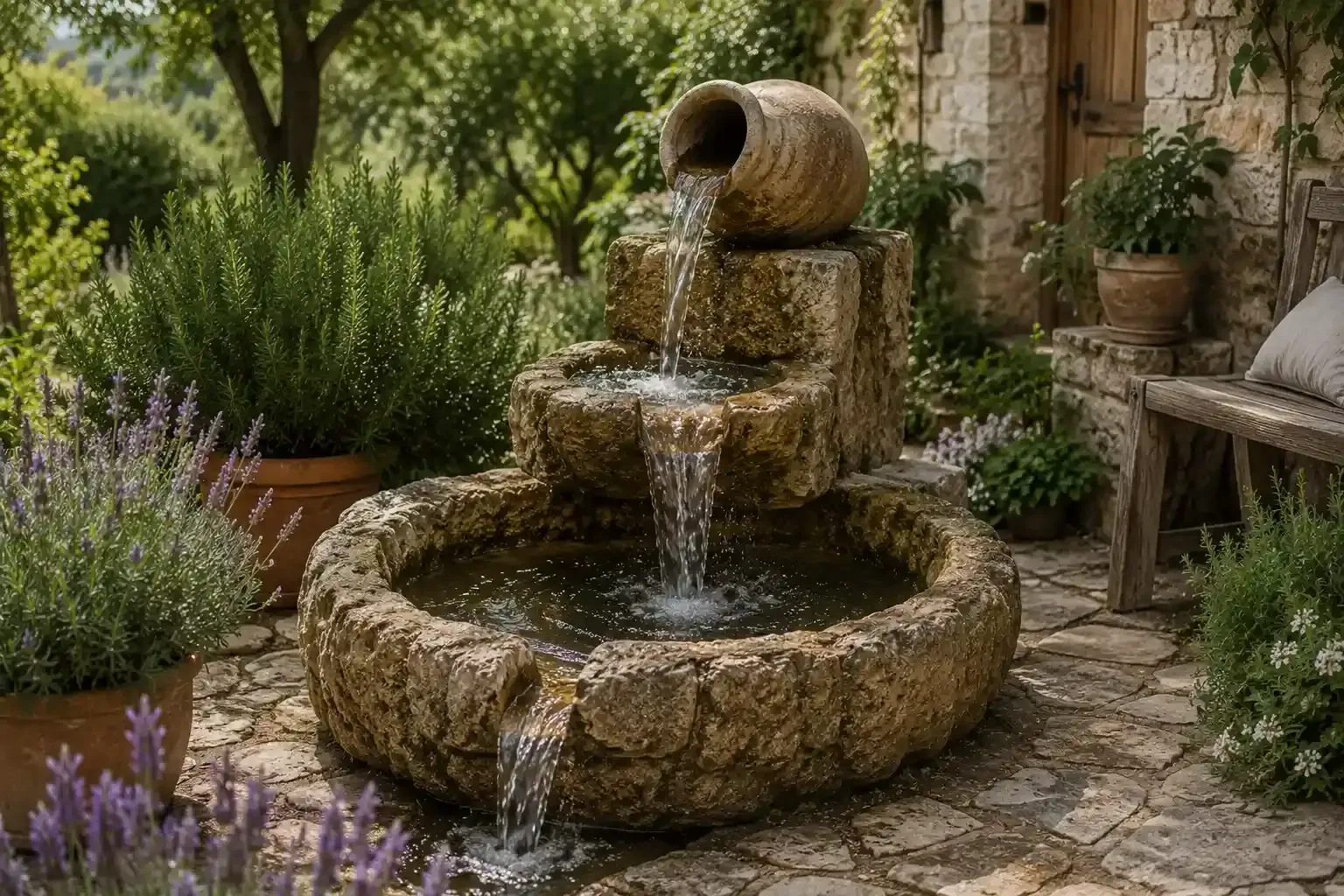 Fuente de jardín de piedra con agua que cae en una pila, rodeada de lavanda y vegetación.