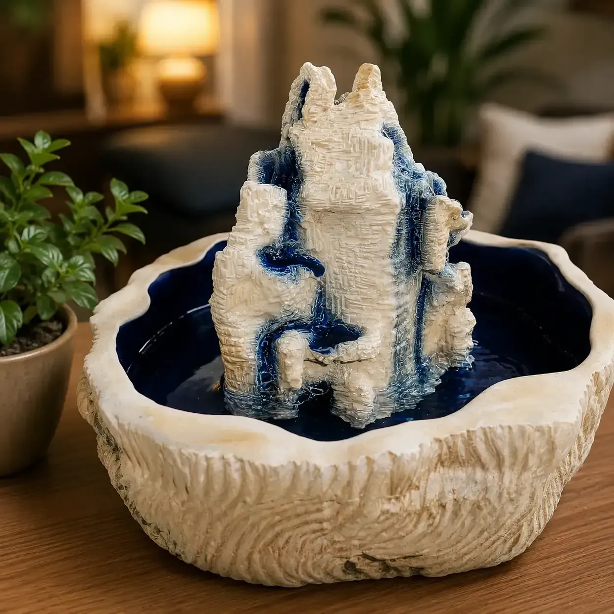 Pequeña fuente de mesa con niveles blancos texturizados y agua azul oscuro en un cuenco de cerámica.