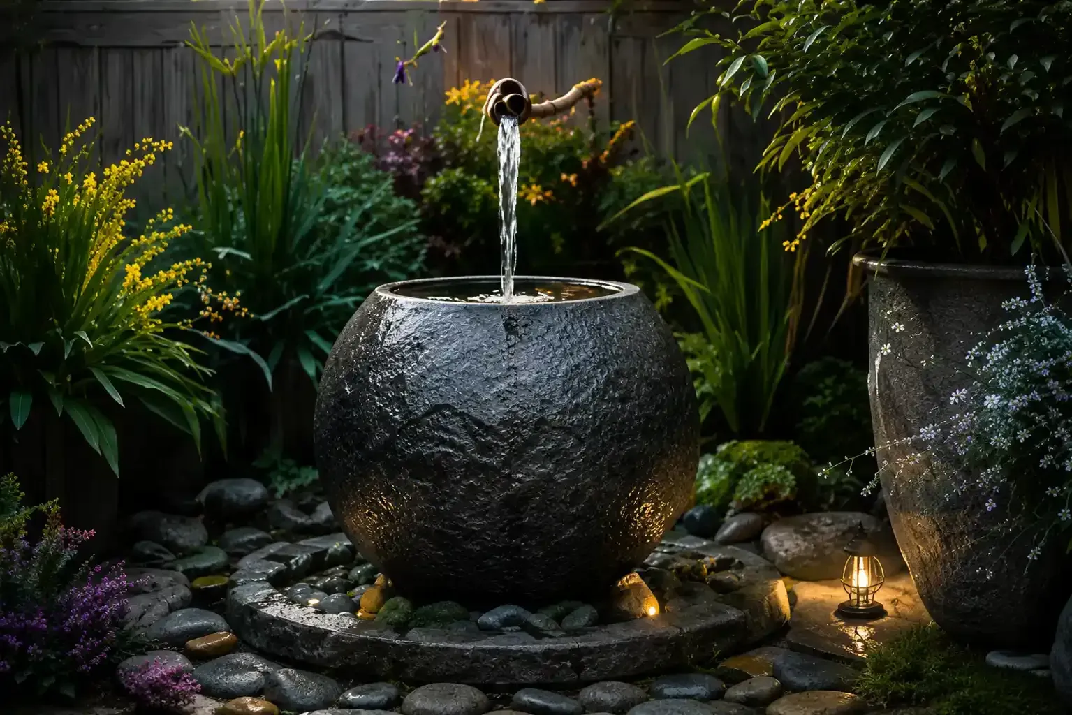 Tranquila fuente de jardín con agua que fluye hacia una pila de piedra oscura, rodeada de exuberante vegetación y faroles.