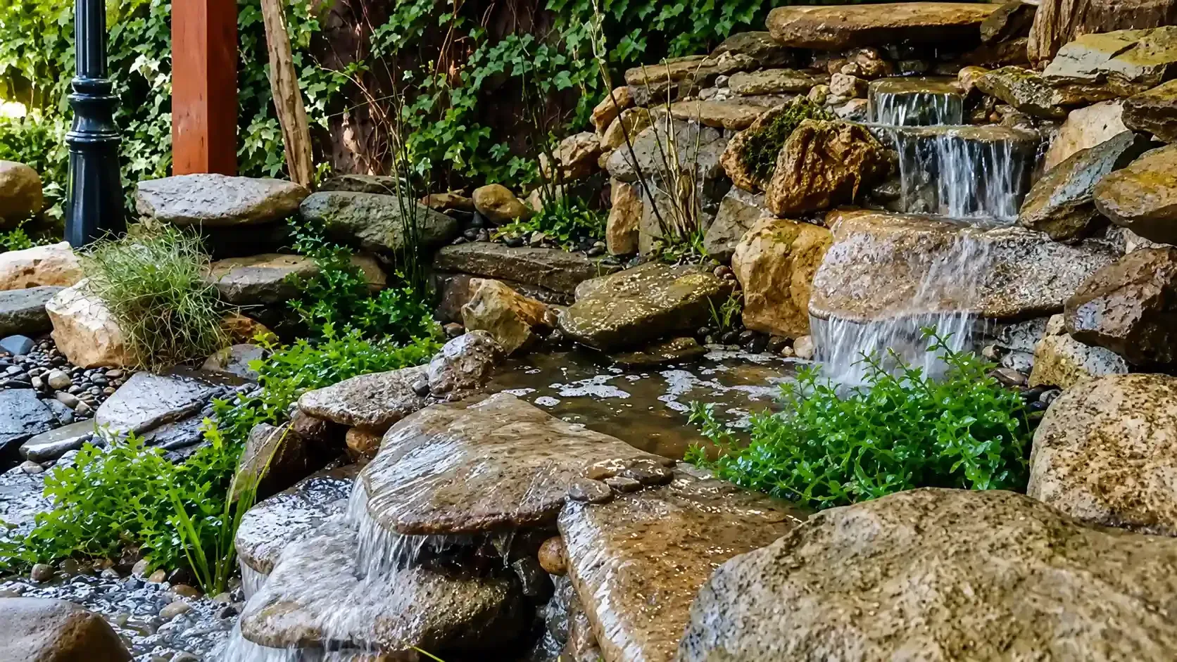 Cascada de jardín de rocas con agua fluyendo sobre piedras apiladas y plantas verdes cercanas.