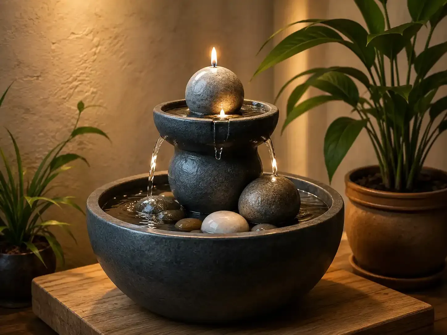 Fuente de mesa escalonada con cuencos de piedra oscura, una vela encendida y plantas en macetas sobre una mesa de madera.
