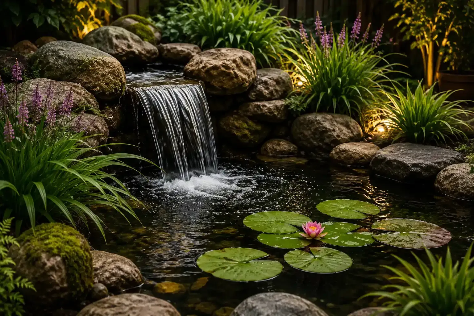 Estanque de jardín con pequeña cascada, rocas, nenúfares y exuberantes plantas verdes.