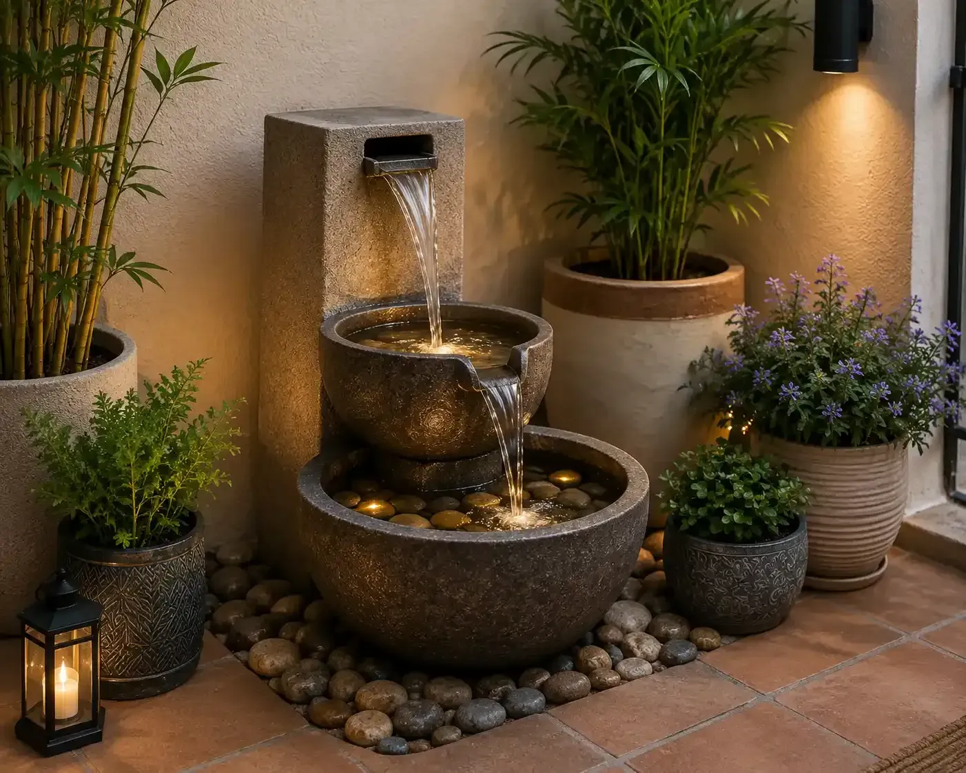 Fuente decorativa para patio con cuencos de piedra, plantas en macetas y luz cálida de farol.