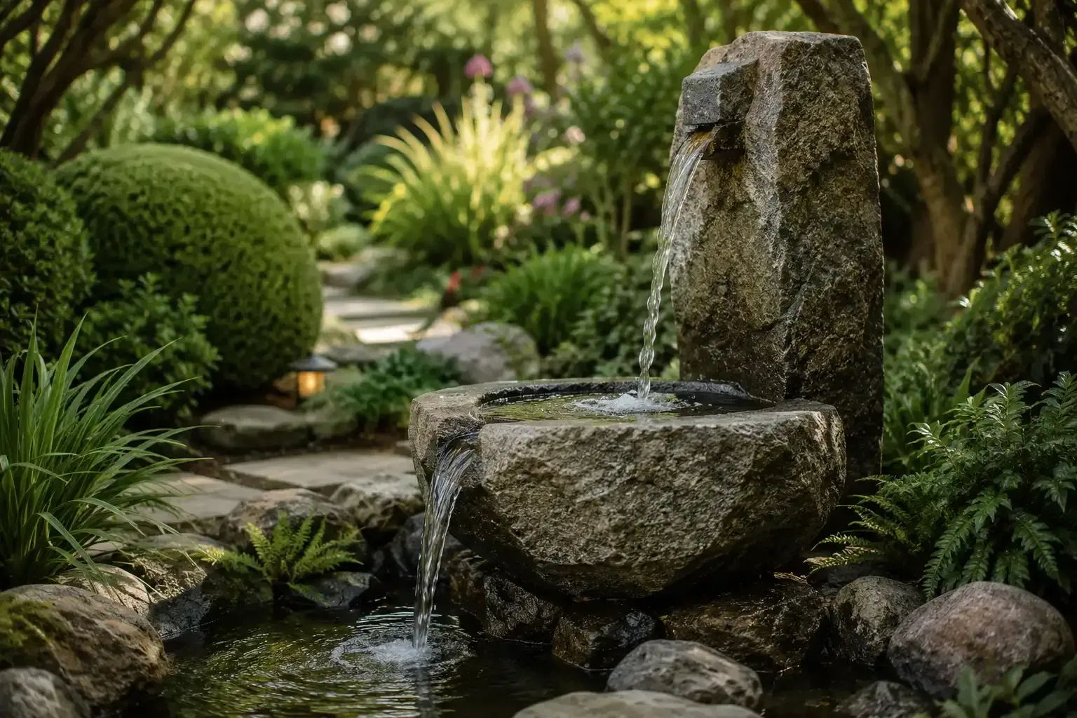 Fuente de piedra en un jardín junto a un estanque, rodeada de exuberantes plantas verdes y rocas cubiertas de musgo.