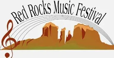 Logo for Red Rocks Music Festival with red rock formations and musical notes.