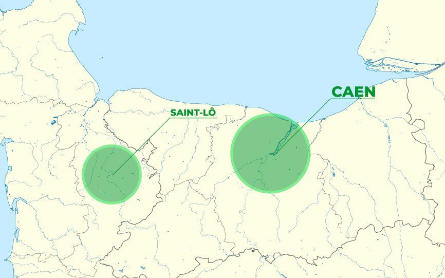 Carte avec Caen et Saint-Lô mis en valeur