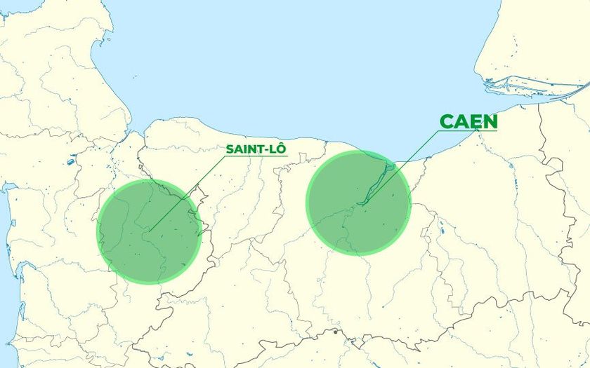 Carte avec Caen et Saint-Lô mis en valeur