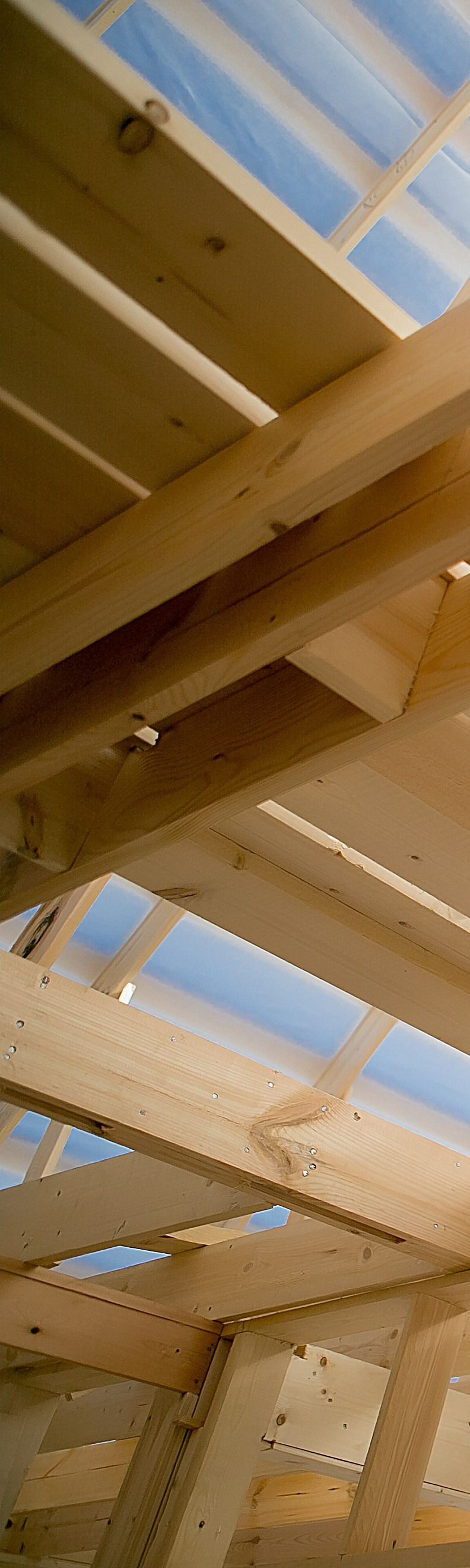 Chevrons et poutres en bois formant une structure de toit.