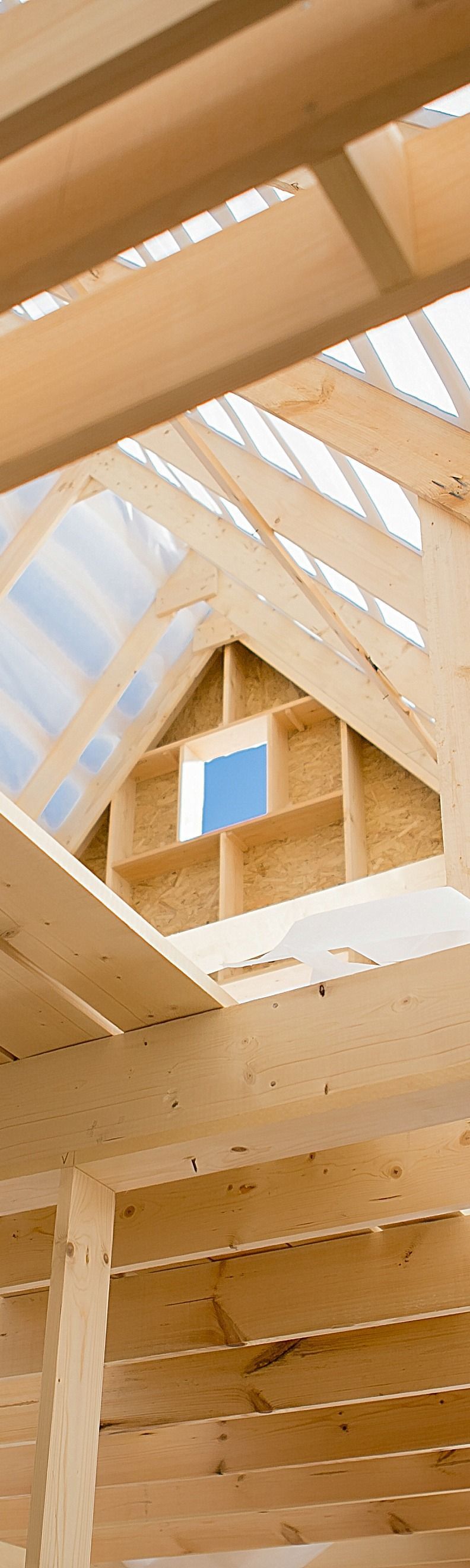 Vue intérieure d'un bâtiment en construction avec poutres en bois et toit ouvert.