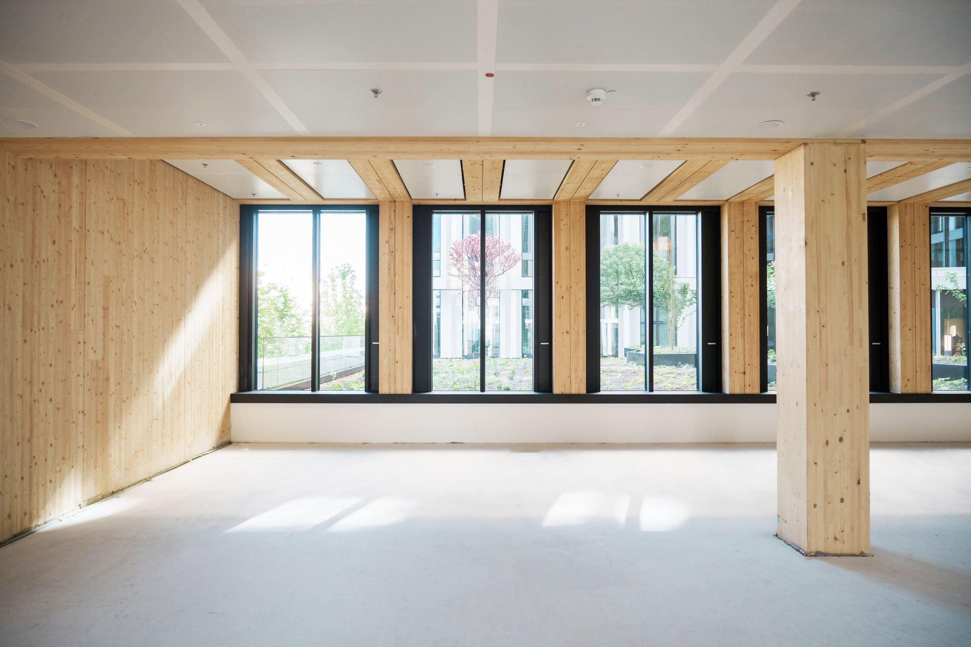 Pièce vide avec poutres et murs en bois.