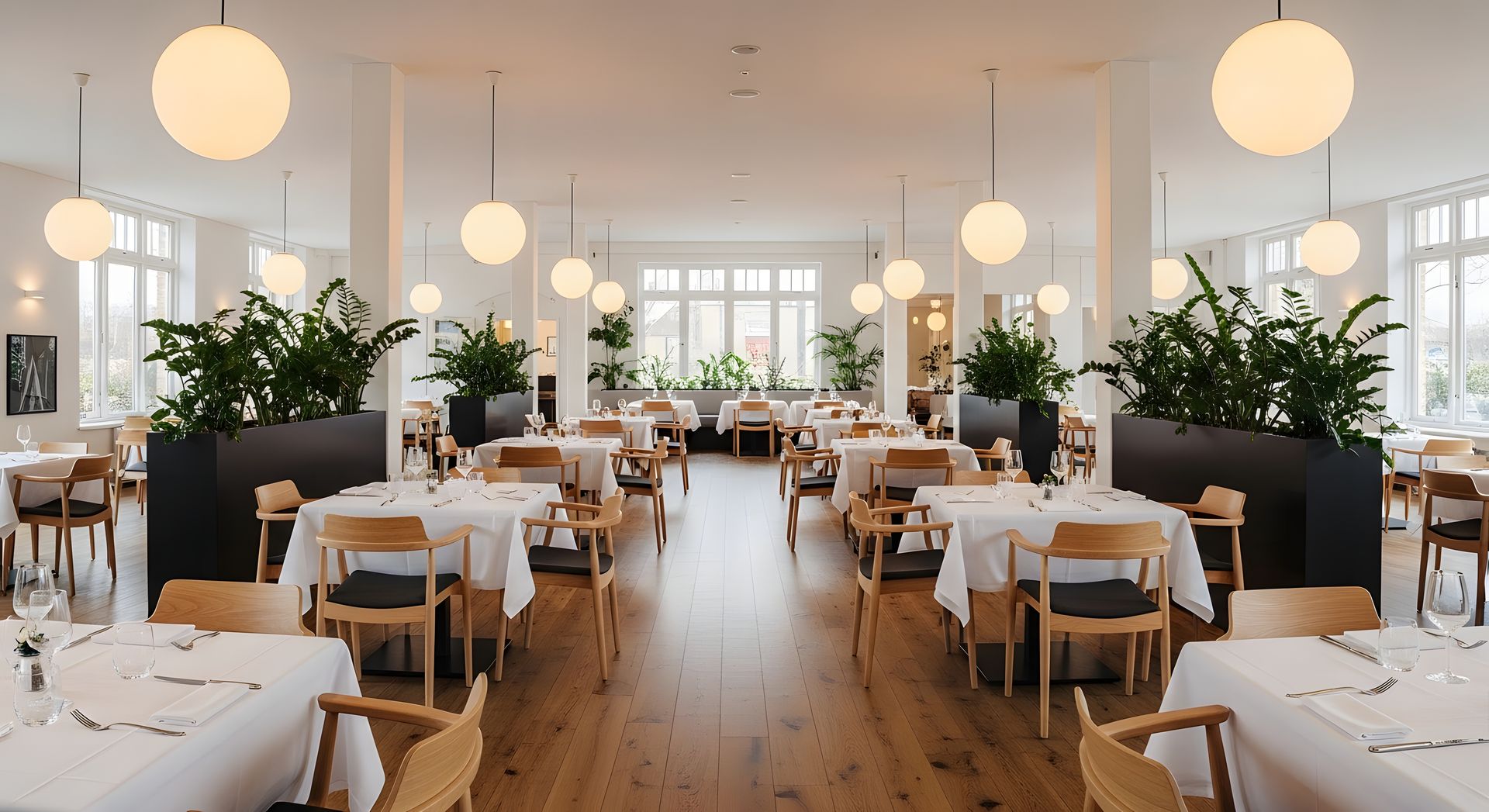 Intérieur de restaurant lumineux et spacieux avec murs blancs, parquet, tables et suspensions.