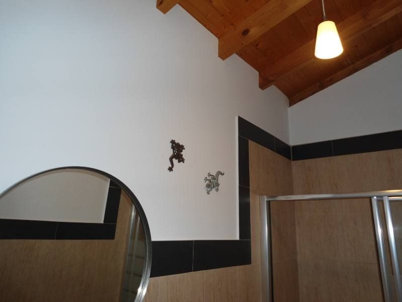 Un baño con un espejo redondo y ranas en la pared.